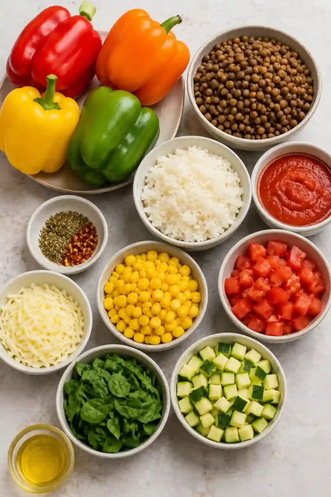 Fresh Vegetarian Air Fryer Stuffed Peppers filled with lentils, rice, vegetables, and melted cheese. These colorful stuffed bell peppers make a healthy and satisfying family dinner.
