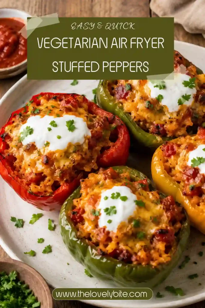 Golden-baked Vegetarian Air Fryer Stuffed Peppers served with fresh salad and salsa. This protein-rich meatless recipe is perfect for weeknight dinners.