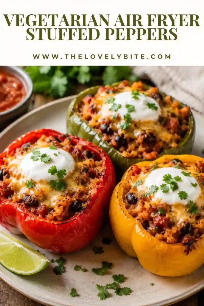 Tender bell peppers stuffed with lentils, rice, vegetables, and cheese, cooked until perfectly golden in the air fryer. A wholesome and flavorful vegetarian recipe.