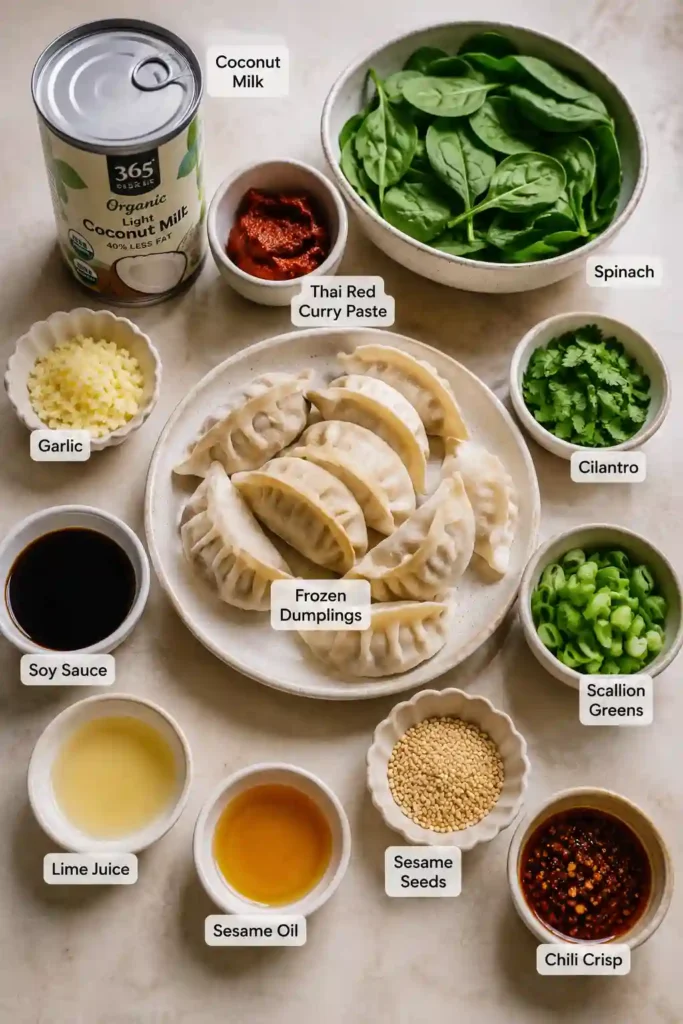 A baking dish filled with viral baked dumplings in a creamy coconut curry sauce. Fresh cilantro, scallions, sesame seeds, and chili crisp add color and flavor to this easy dumpling recipe.