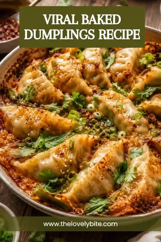 Close-up of crispy chili oil dumplings baked in a coconut milk sauce and garnished with sesame seeds. The dish features fresh herbs and vibrant colors.