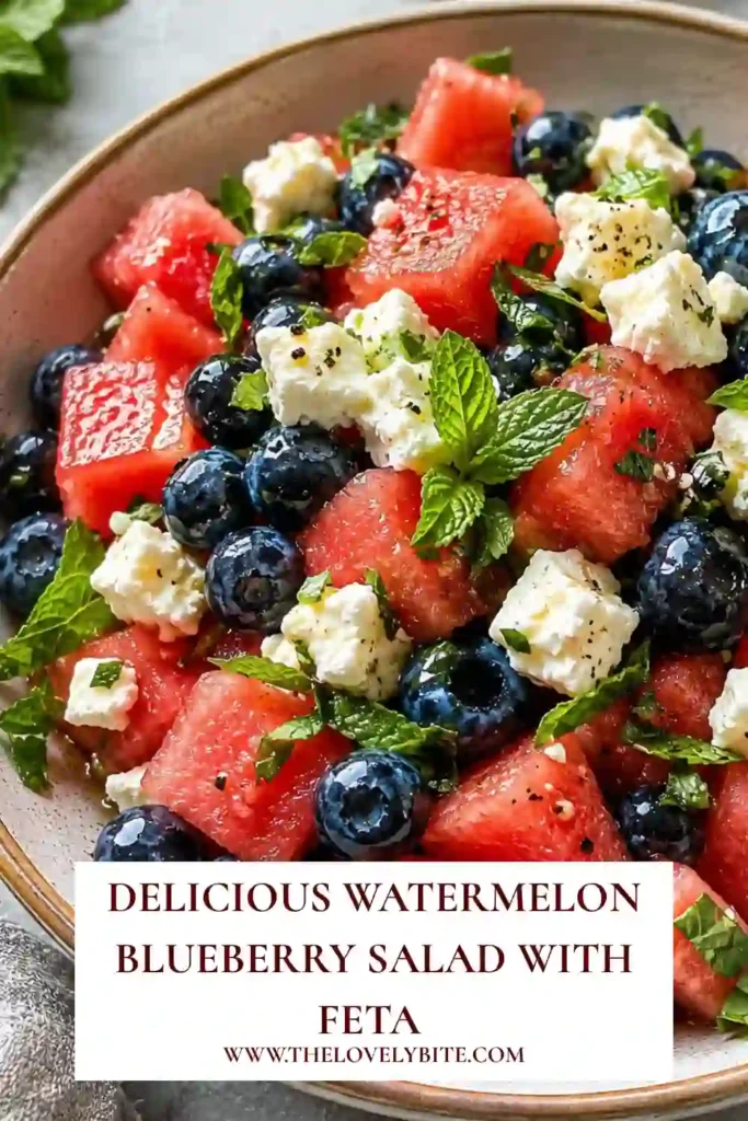 A bowl of Watermelon Blueberry Salad with Feta featuring juicy watermelon cubes, fresh blueberries, crumbled feta cheese, and chopped mint. This colorful summer fruit salad is finished with fresh lime juice.