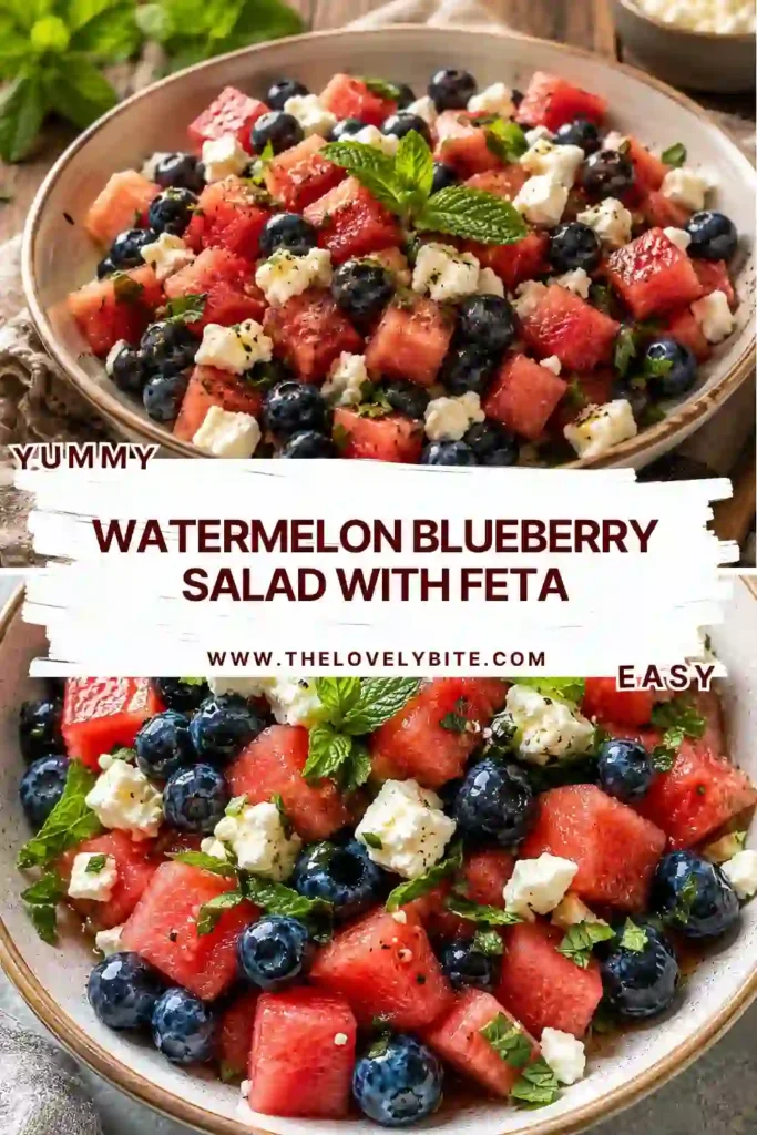 Fresh Watermelon Blueberry Salad with Feta served in a white bowl with vibrant watermelon, sweet blueberries, mint leaves, and creamy feta. A refreshing and healthy summer side dish.