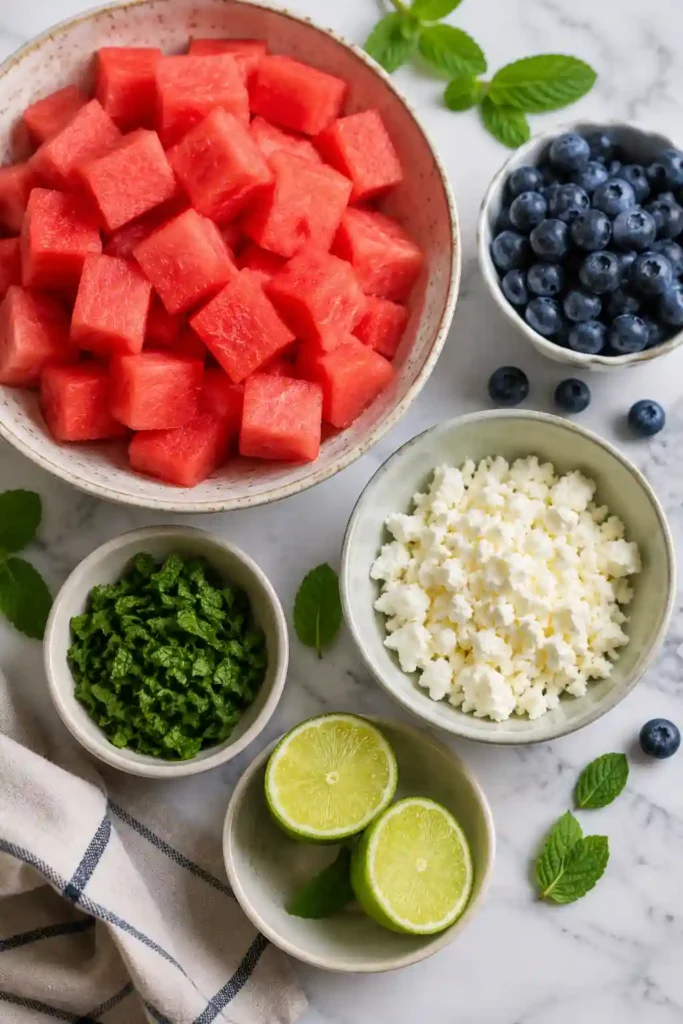 Watermelon Blueberry Salad with Feta arranged in a serving bowl with juicy fruit, herbs, and cheese. A light and refreshing summer salad perfect for gatherings and picnics.