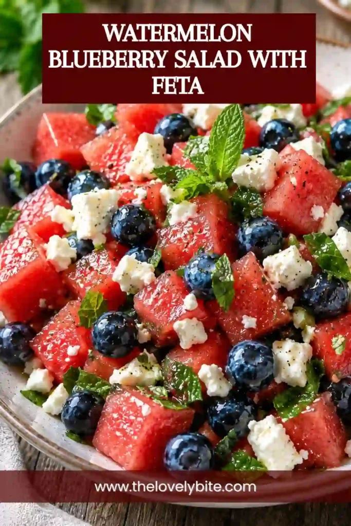 Colorful watermelon and blueberry salad topped with feta cheese and fresh mint. This easy fruit salad recipe offers a bright and refreshing combination of sweet and savory flavors.