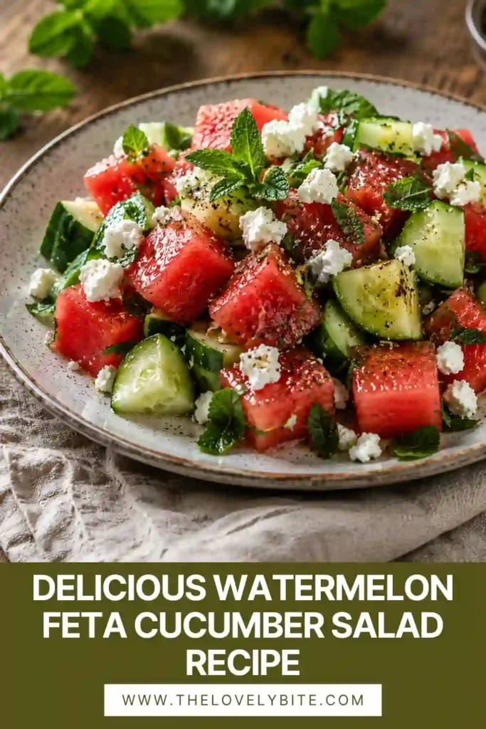 A bowl of Watermelon Feta Cucumber Salad featuring juicy watermelon cubes, crisp cucumber, crumbled feta cheese, and fresh mint leaves. Balsamic glaze is drizzled over the colorful summer salad.