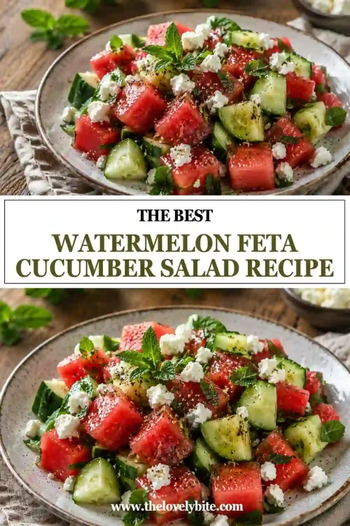 Fresh Watermelon Feta Cucumber Salad served in a white bowl with watermelon chunks, cucumber pieces, feta cheese, and mint. A healthy summer salad perfect for picnics and gatherings.
