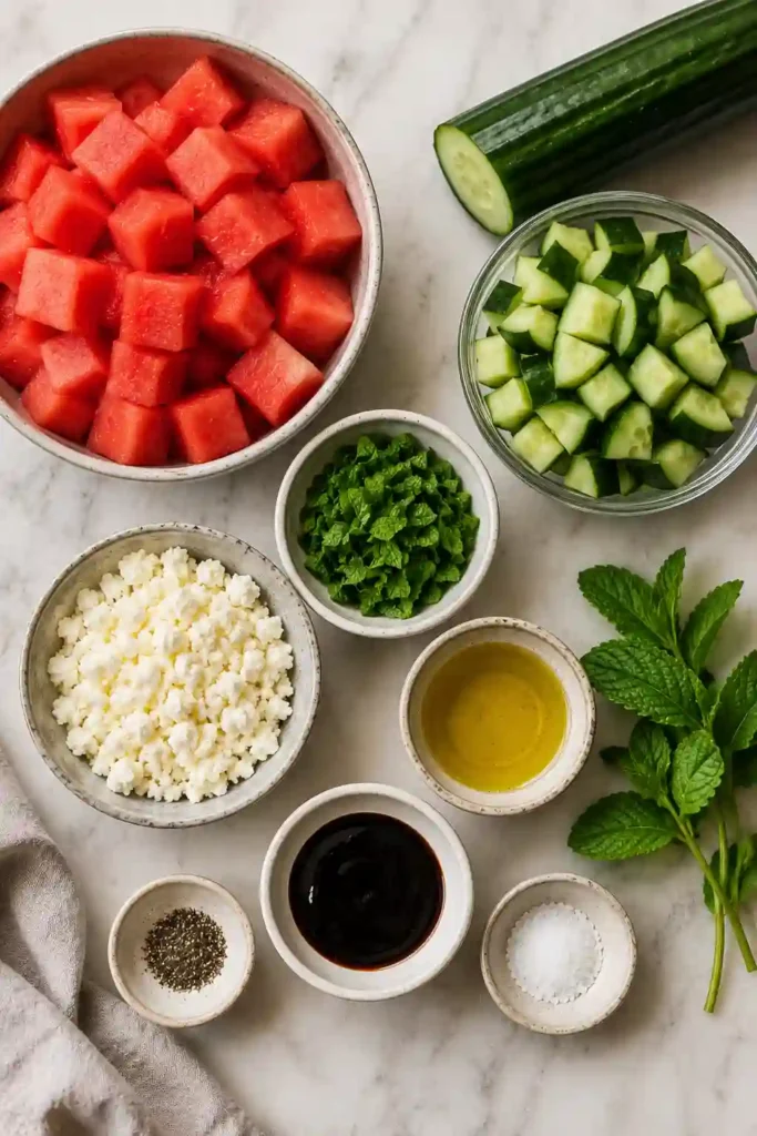 Mediterranean-inspired Watermelon Feta Cucumber Salad arranged on a serving platter. Sweet watermelon and creamy feta create a vibrant and healthy side dish.