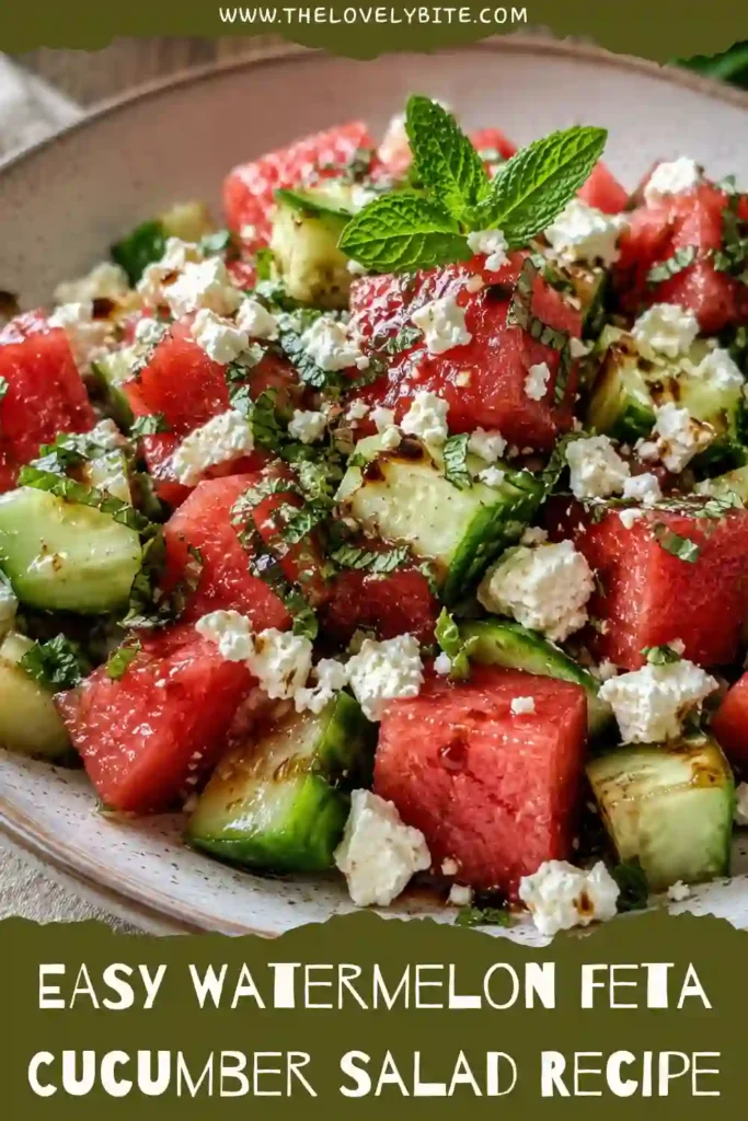 Close-up view of a refreshing watermelon salad recipe with feta cheese, cucumber, mint leaves, and balsamic glaze. Bright colors and fresh ingredients make this dish ideal for warm weather.