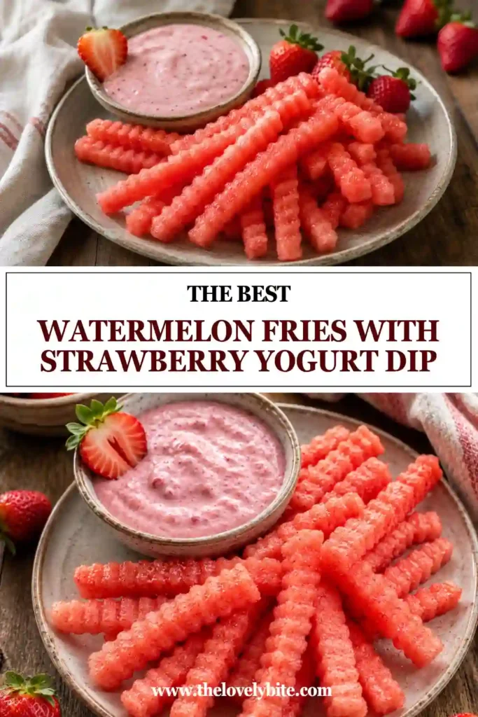A platter of watermelon fries arranged beside a creamy strawberry yogurt dip. This healthy summer snack is colorful, refreshing, and perfect for warm-weather entertaining.