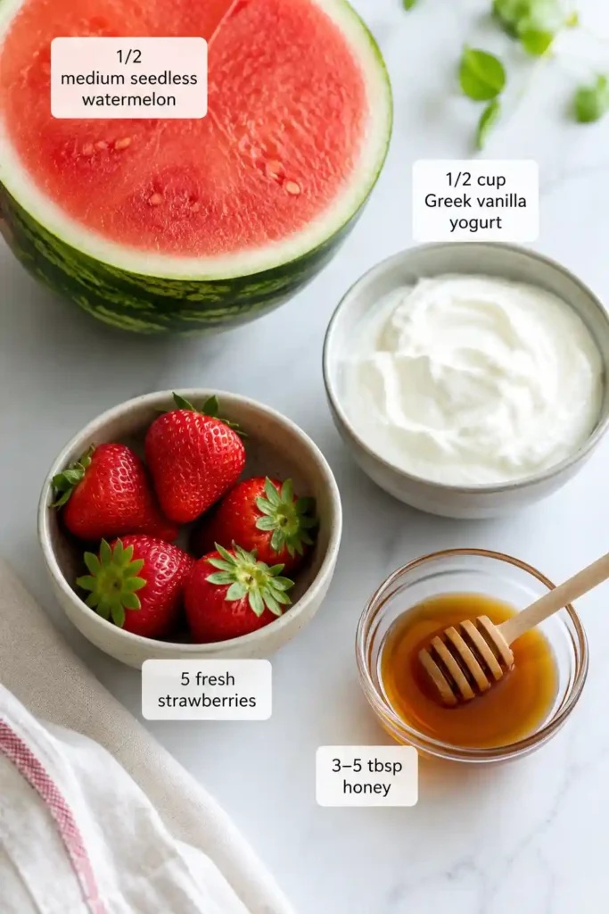 Watermelon fries served with creamy strawberry yogurt dip on a bright serving platter. A quick no-cook fruit snack that's both nutritious and delicious.