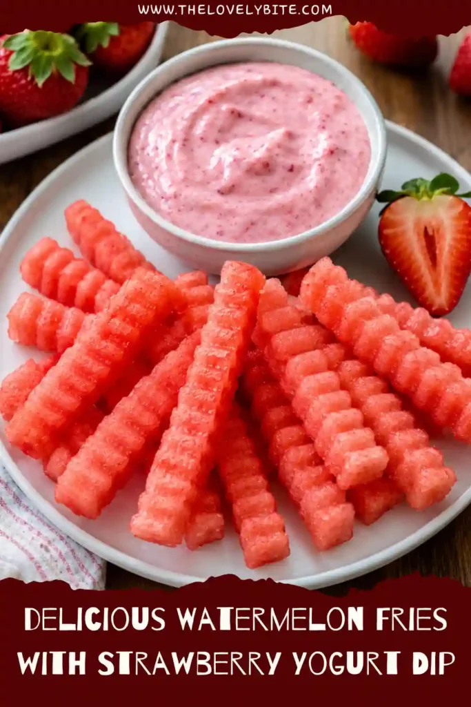Fresh watermelon cut into crinkle fries and served with homemade strawberry yogurt dip. The vibrant fruit presentation makes an easy and family-friendly snack.