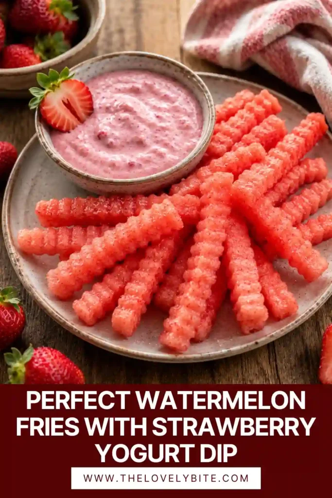 Juicy watermelon fries paired with a smooth strawberry yogurt dipping sauce. This refreshing fruit recipe is ideal for summer parties and healthy snacking.