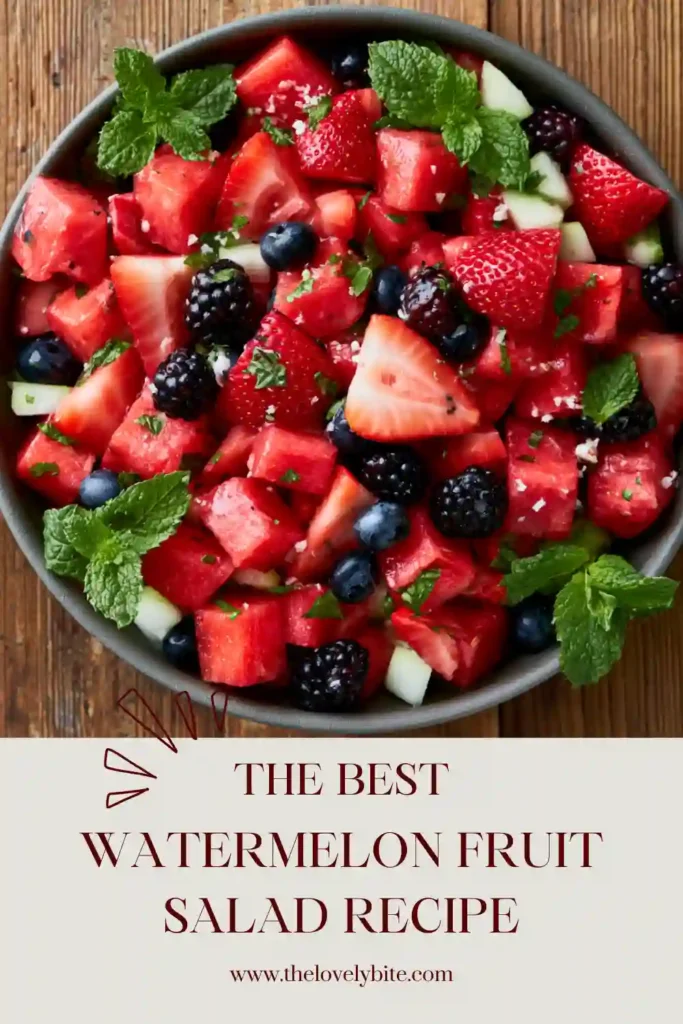 A colorful Watermelon Fruit Salad Recipe featuring fresh watermelon, strawberries, blueberries, blackberries, cherries, and mint. The fruit is lightly coated in a honey lime dressing for a refreshing summer dish.