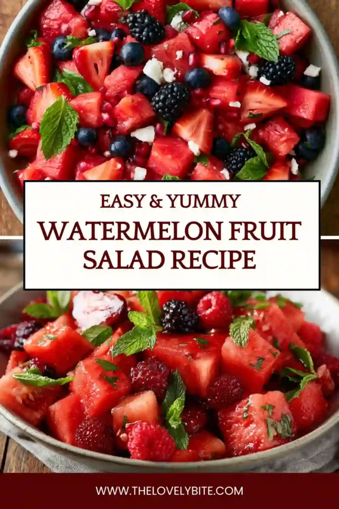 Fresh summer fruit salad made with juicy watermelon, mixed berries, cherries, and mint leaves. This healthy fruit salad is bright, vibrant, and perfect for warm-weather gatherings.
