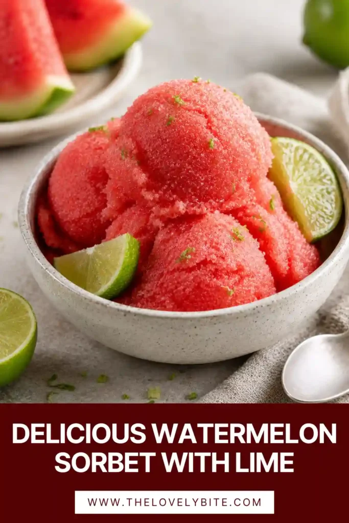 A bowl of Watermelon Sorbet with Lime served with fresh watermelon cubes and lime slices. The frozen dessert looks smooth, vibrant, and perfect for summer gatherings.