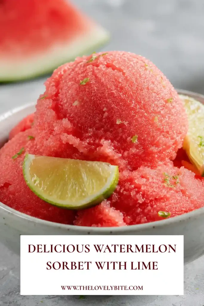 Homemade Watermelon Sorbet with Lime scooped into a chilled bowl and garnished with fresh mint. The dairy-free frozen dessert looks light, fruity, and refreshing.