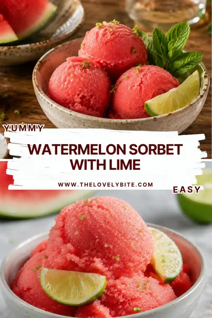 A serving of watermelon sorbet topped with lime zest and fresh fruit. This healthy frozen dessert is naturally dairy-free and ideal for summer entertaining.