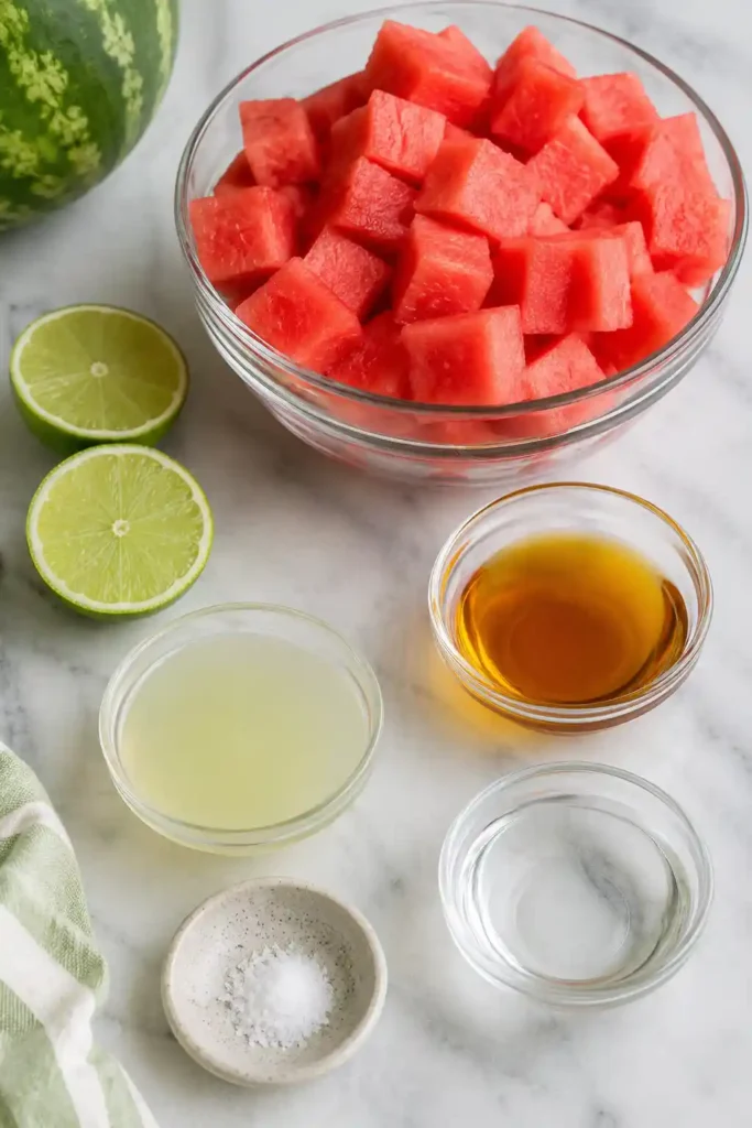 Close-up view of Watermelon Sorbet with Lime in a dessert bowl with fresh lime wedges nearby. The frozen treat appears creamy, colorful, and refreshing.
