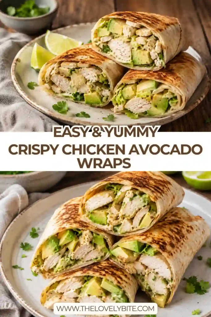 Freshly made Crispy Chicken Avocado Wraps sliced in half and served warm with creamy avocado, shredded chicken, and melted cheese inside golden toasted tortillas. A quick homemade lunch packed with fresh ingredients.