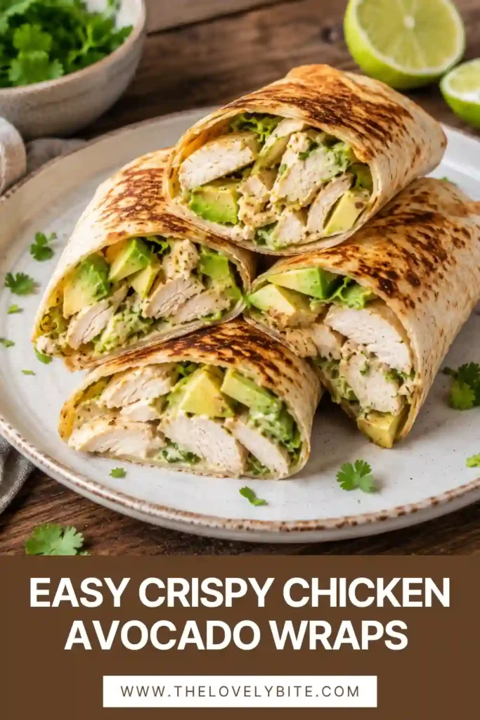 Close-up of crispy toasted chicken avocado wraps with melted cheese and fresh cilantro. Perfect for a quick family lunch or easy dinner.