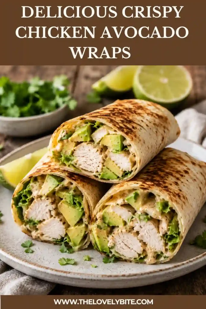 Pan-fried Crispy Chicken Avocado Wraps served with lime wedges and dipping sauce on a white serving plate. Crispy outside with a creamy, savory filling.