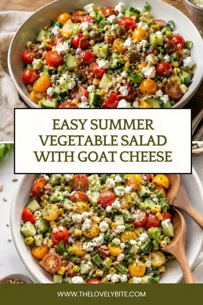 Healthy Summer Vegetable Salad featuring cucumber, tomatoes, bell peppers, corn, and goat cheese. Fresh herbs and a tangy dressing enhance every bite.