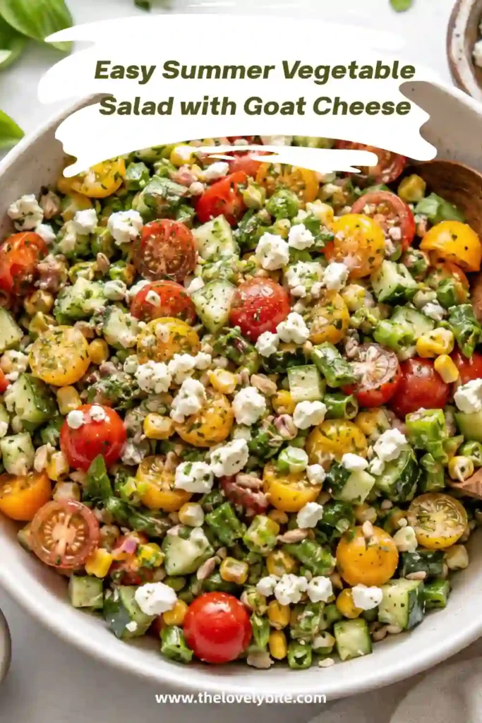 A vibrant Summer Vegetable Salad filled with cherry tomatoes, cucumber, sweet corn, snap peas, goat cheese, and fresh herbs. The colorful ingredients are tossed in a light homemade vinaigrette.