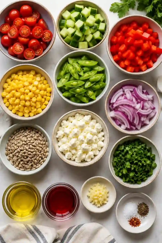 Colorful vegetable salad with sweet corn, cherry tomatoes, snap peas, red onion, and creamy goat cheese. An easy summer salad recipe ideal for gatherings and meal prep.