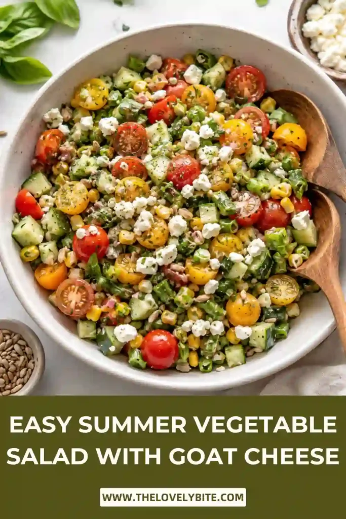 Fresh Summer Vegetable Salad served in a large bowl with crisp vegetables, creamy goat cheese, and roasted sunflower seeds. A healthy and colorful vegetarian salad perfect for warm weather.