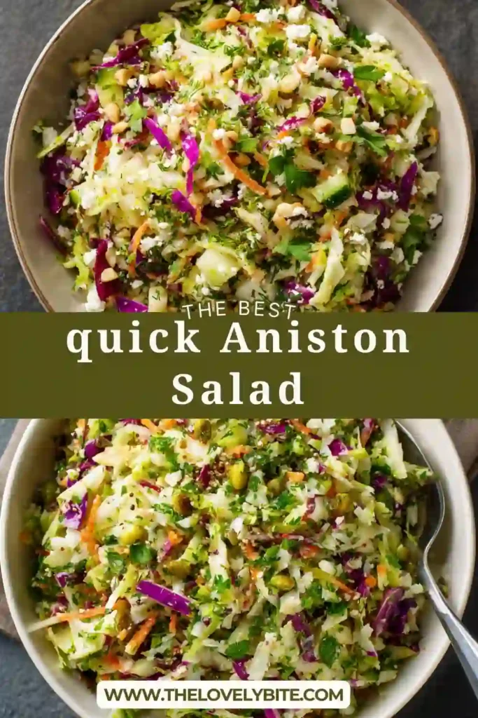 Aniston Salad made with quinoa, chickpeas, cucumber, feta cheese, pistachios, and fresh herbs.