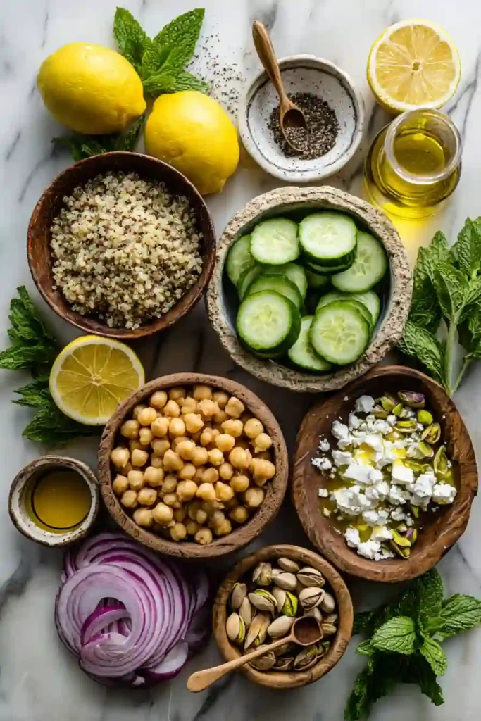 Fresh Aniston Salad served in a bowl with lemon dressing and crunchy pistachios.