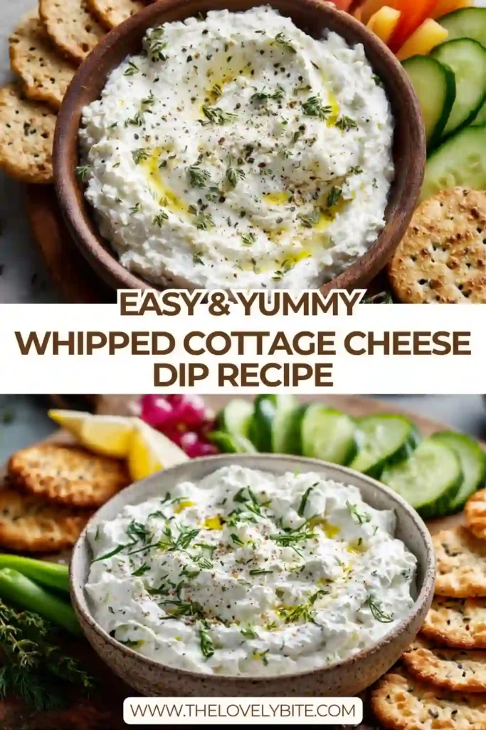 Creamy whipped cottage cheese dip topped with fresh chives, parsley, and dill in a serving bowl. This high-protein herb dip is perfect for vegetables and crackers.