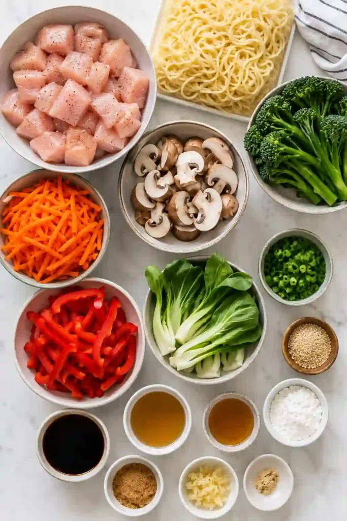 A steaming bowl of 15 Minute Chicken Stir Fry with broccoli, bok choy, mushrooms, carrots, bell peppers, and yakisoba noodles garnished with sesame seeds.