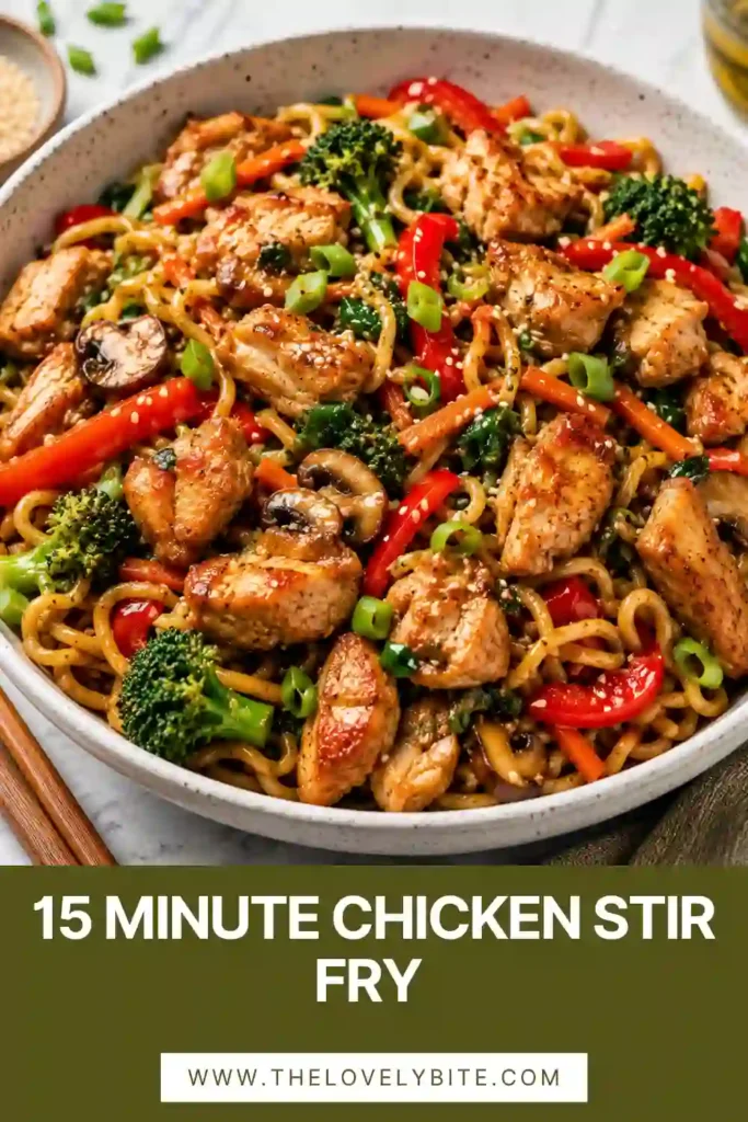 A bowl of 15 Minute Chicken Stir Fry filled with juicy chicken, colorful vegetables, yakisoba noodles, sesame seeds, and green onions. The glossy homemade stir fry sauce coats every bite for an irresistible weeknight dinner.