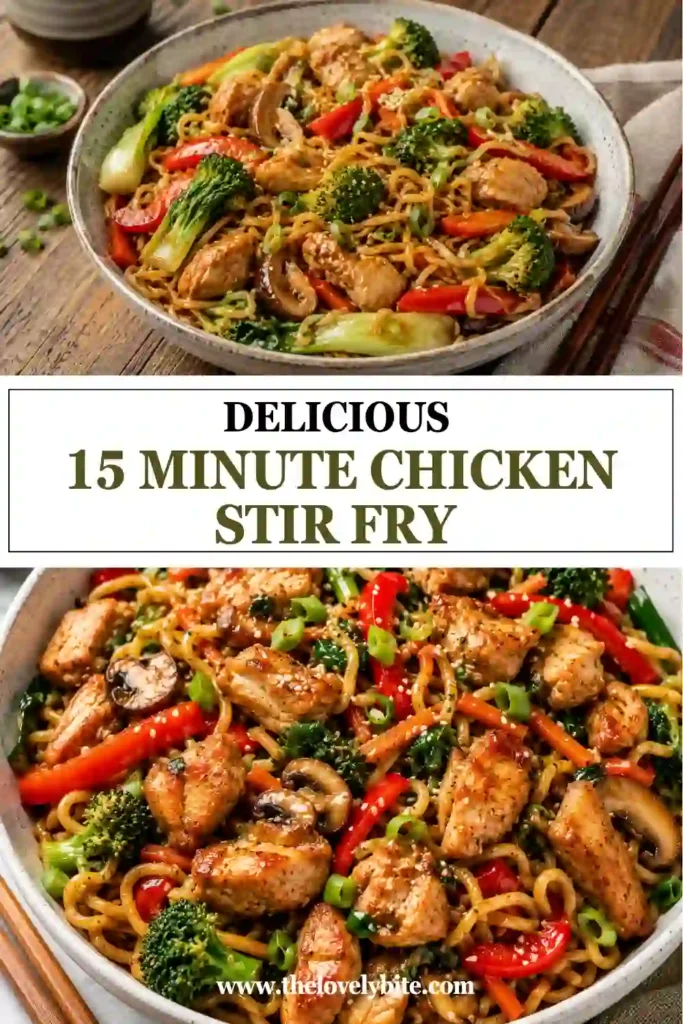 Close-up of homemade chicken stir fry featuring broccolini, carrots, mushrooms, bok choy, and tender chicken mixed with yakisoba noodles. A quick chicken dinner bursting with fresh ingredients.