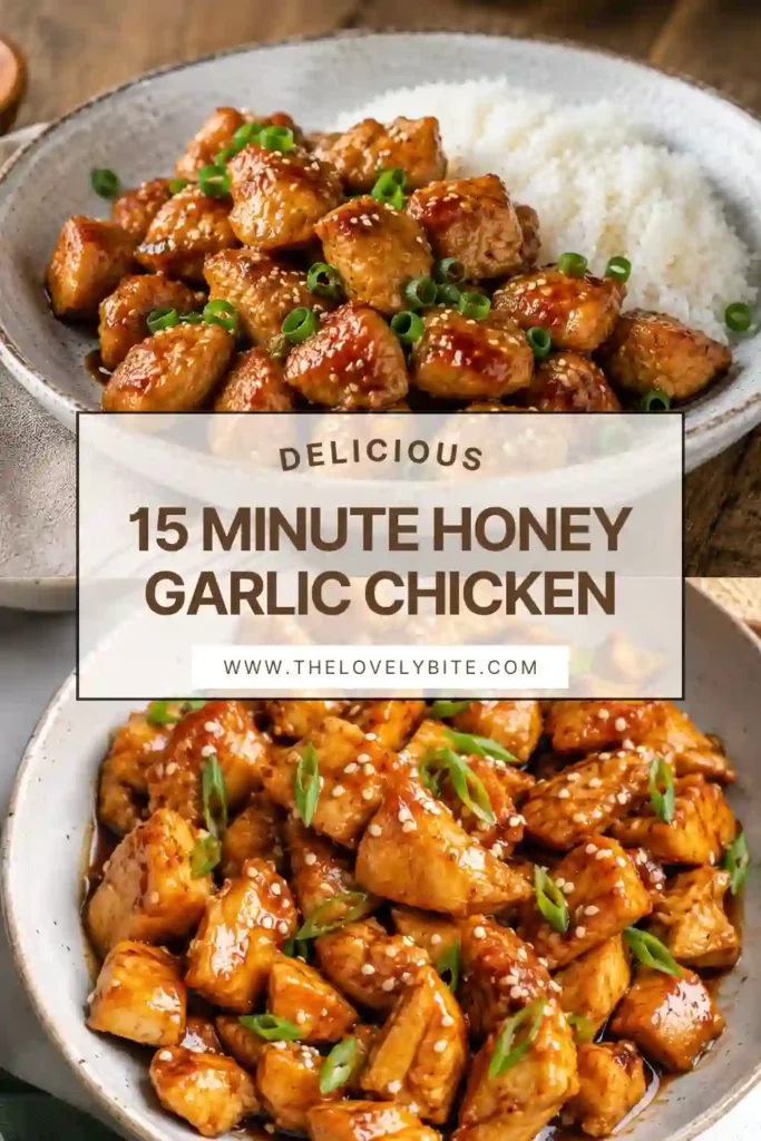 Close-up of juicy honey garlic chicken cooked in a skillet with a glossy honey soy sauce. The quick chicken recipe is garnished with green onions and sesame seeds.