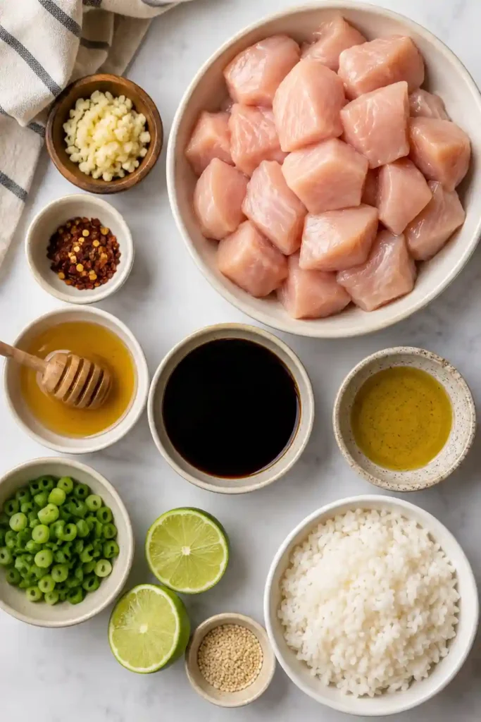 A bowl of 15 Minute Honey Garlic Chicken served over steamed white rice with sliced green onions and sesame seeds. The chicken is coated in a glossy honey garlic sauce that looks sweet, savory, and delicious.