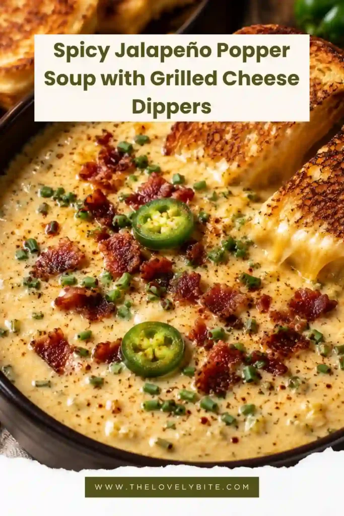 Creamy jalapeño soup garnished with melted cheddar cheese, chopped chives, and turkey bacon in a rustic bowl beside grilled cheese strips. The soup looks rich, smooth, and comforting.