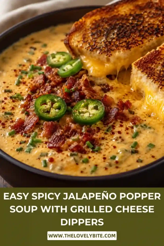 Homemade Spicy Jalapeño Popper Soup with cheddar cheese, cream cheese, fresh jalapeños, and turkey bacon served with toasted grilled cheese dippers on a wooden table.