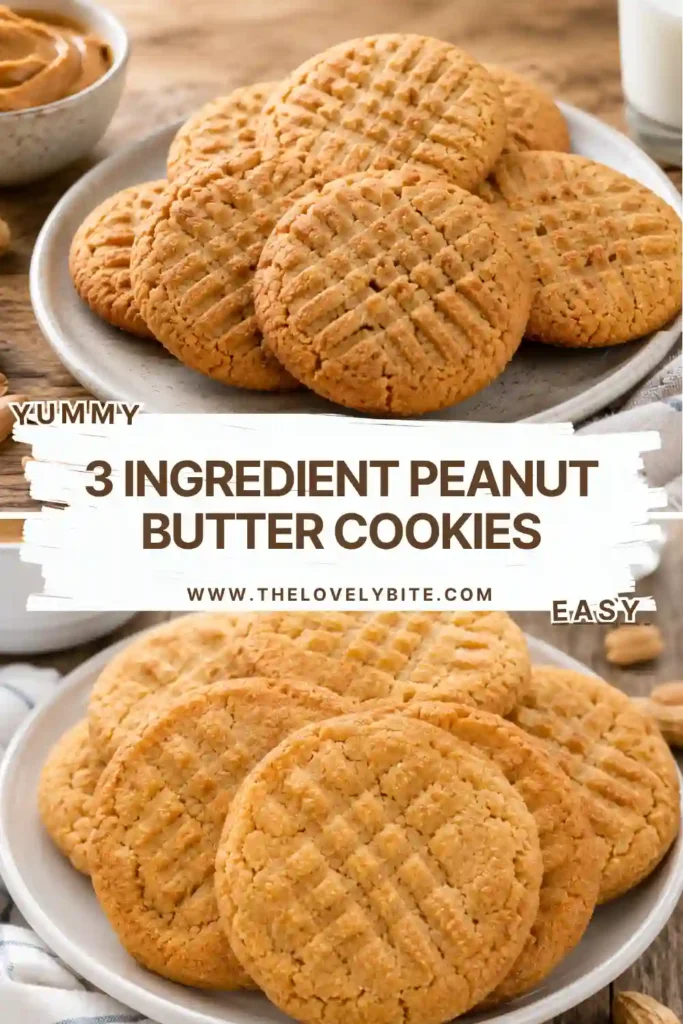 A stack of homemade peanut butter cookies made with only three ingredients, served on a rustic plate with a glass of milk.