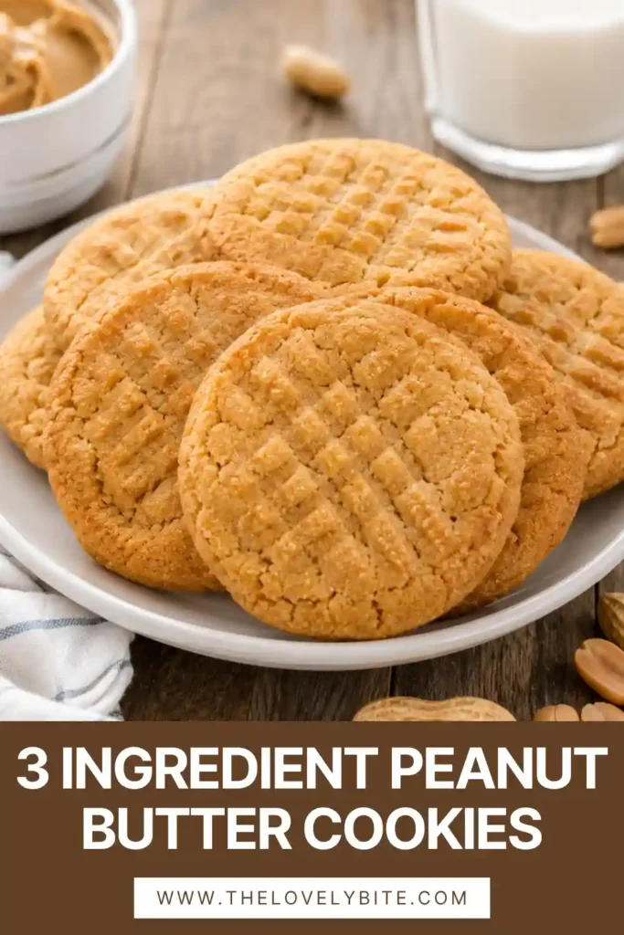 Freshly baked 3 Ingredient Peanut Butter Cookies with classic fork marks cooling on a wire rack. These easy flourless cookies are soft, chewy, and golden brown.