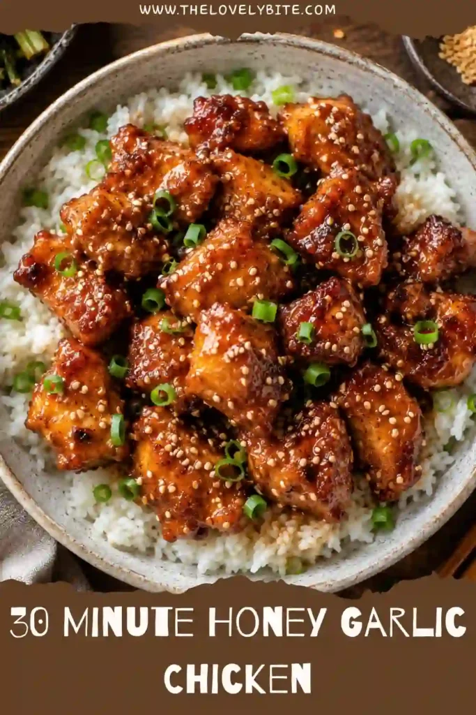 One-pan honey garlic chicken with caramelized sauce, sesame seeds, and fresh green onions served over rice. A healthy weeknight dinner.