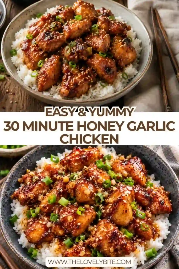 Sticky honey garlic chicken baked on a sheet pan with roasted broccoli and sprinkled with sesame seeds and green onions. A quick 30-minute dinner recipe.