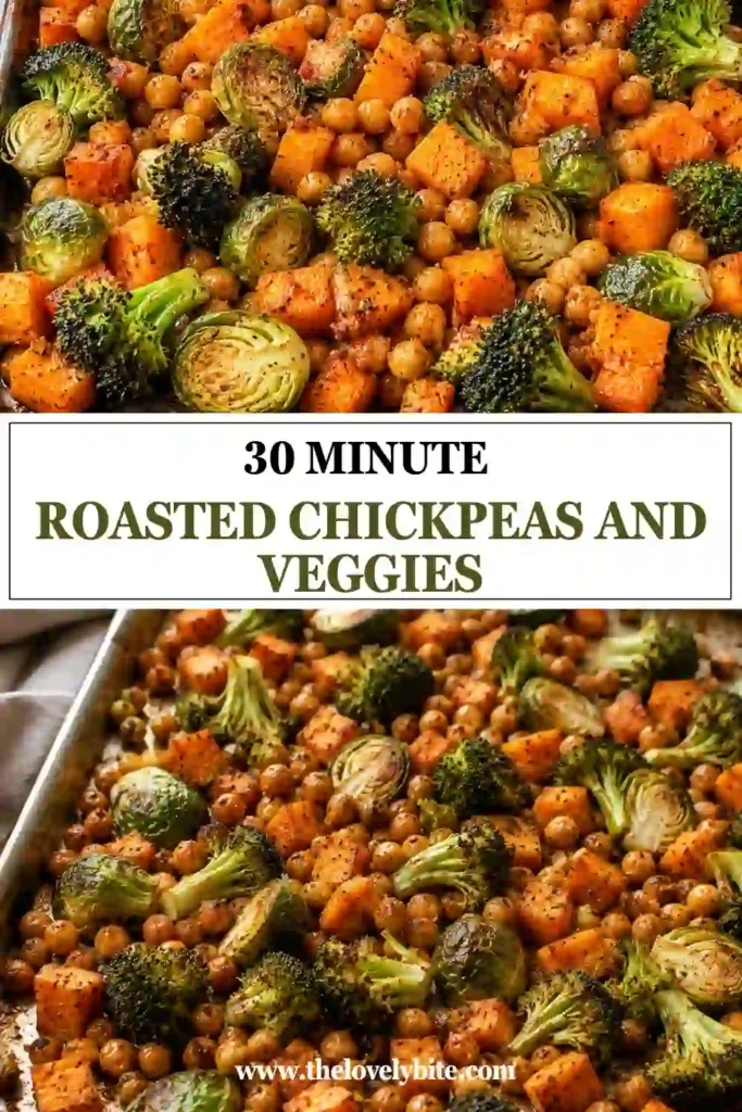 A bowl of 30 Minute Roasted Chickpeas and Veggies featuring crispy chickpeas, roasted broccoli, Brussels sprouts, and sweet potatoes topped with creamy tahini dressing. The vegetables are caramelized and vibrant.
