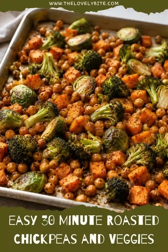 Golden roasted chickpeas mixed with broccoli, Brussels sprouts, and sweet potatoes drizzled with homemade tahini Dijon dressing. A colorful healthy vegan dinner.