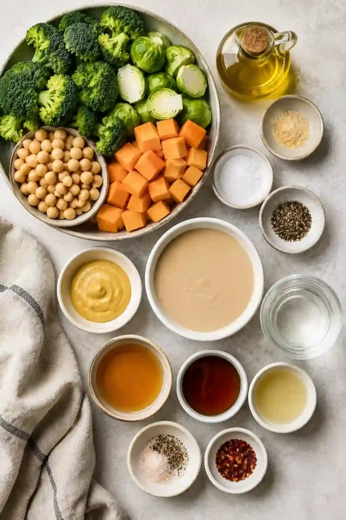 Sheet pan roasted vegetables and chickpeas with smooth tahini dressing in a serving bowl. This wholesome plant-based meal is rich in flavor and texture.