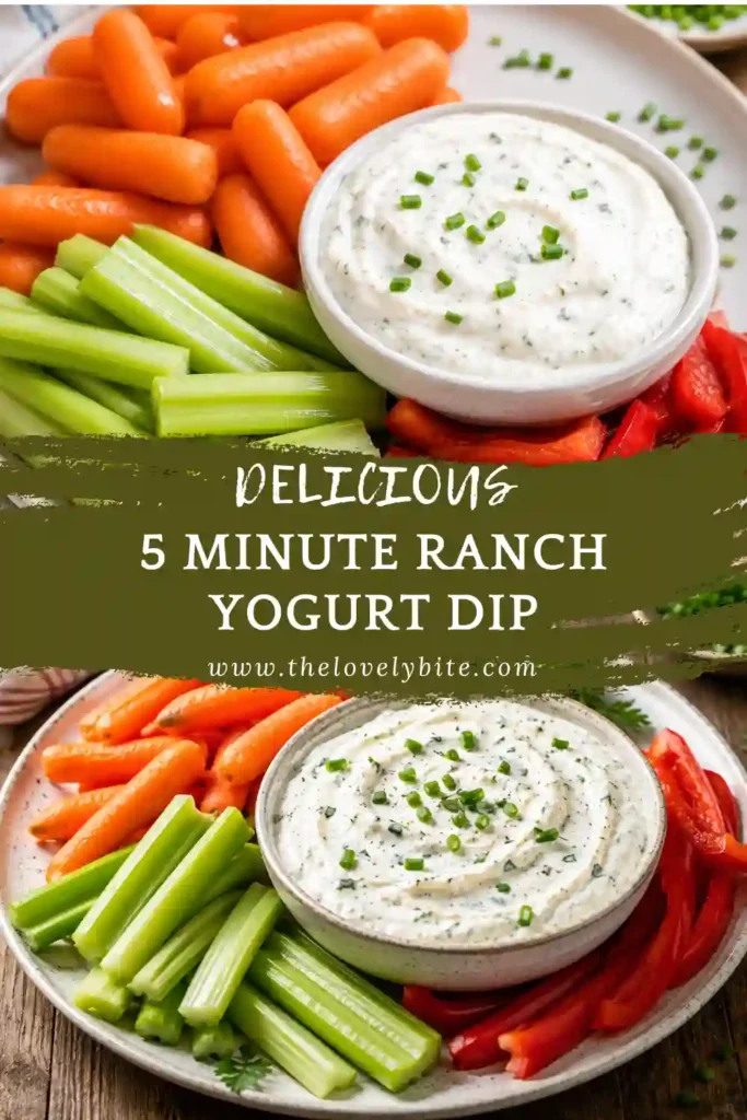 A healthy ranch yogurt dip topped with chopped chives and served on a snack board.