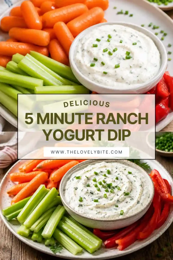 Greek yogurt ranch dip served in a white bowl with carrot sticks, celery, cucumber slices, and crackers.