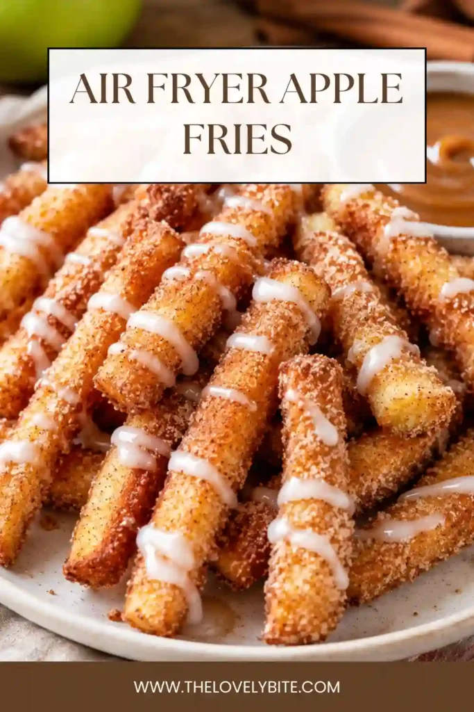 Golden cinnamon apple fries cooked in an air fryer and served warm with caramel sauce. This healthy apple dessert is crunchy, sweet, and perfect for sharing.